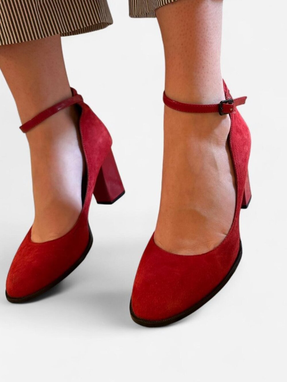 kenneth cole reaction red surge block 3.5” heel pump with leather ankle strap